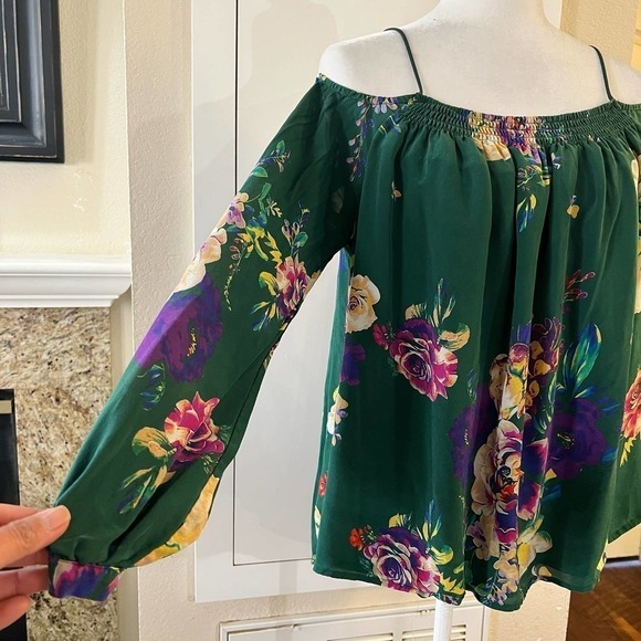 Maeve Tallie Open Shoulder Silk Blouse Size Medium Green Floral Anthropologie - Picture 5 of 10